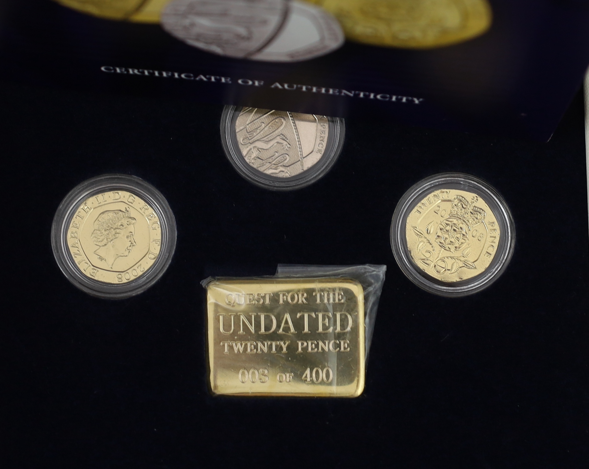 QEII coin issues - The London Mint office Britannia £5 coin and banknote tribute set, The 2008 & undated 20p coin set French, changing face of Britain’s coinage national emblems edition, Royal Mint 2012 Olympics 50p cycl